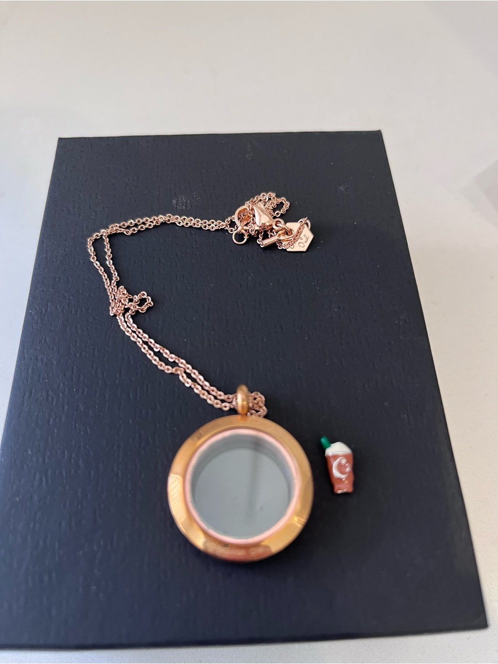 Origami owl rose, gold, locket with chain and coffee charm